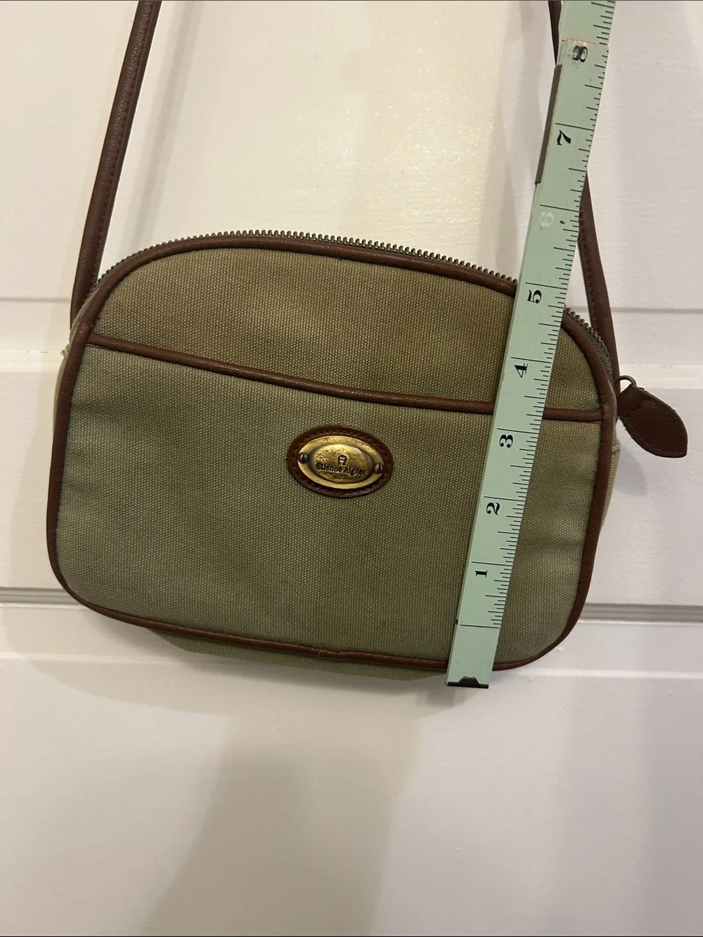 🛍 2/$18 Etienne Aigner Olive Canvas Crossbody with Brown Trim and Brass Plaque